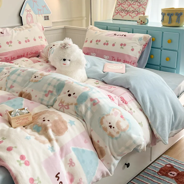 适禾家秋冬双面绒牛奶绒印花可爱卡通双面绒四件套加厚保暖套件