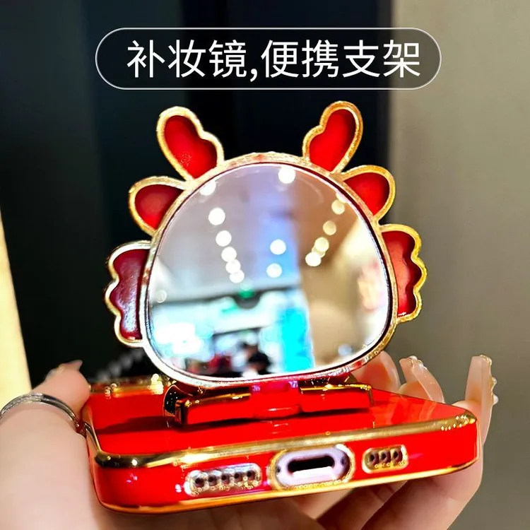 适用vivox100新年手机壳小福龙补妆镜支架x100Pro保护套中国红女