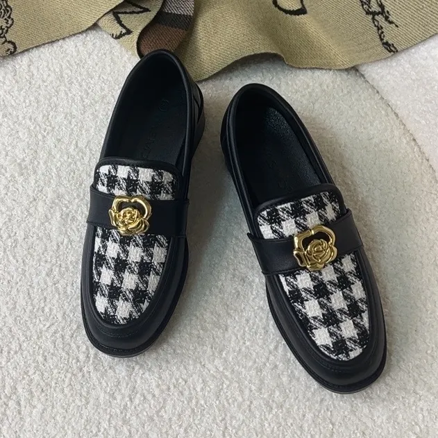 【小兴女鞋】英伦风小皮鞋复古拼色粗跟圆头千鸟格小香风单鞋乐福鞋