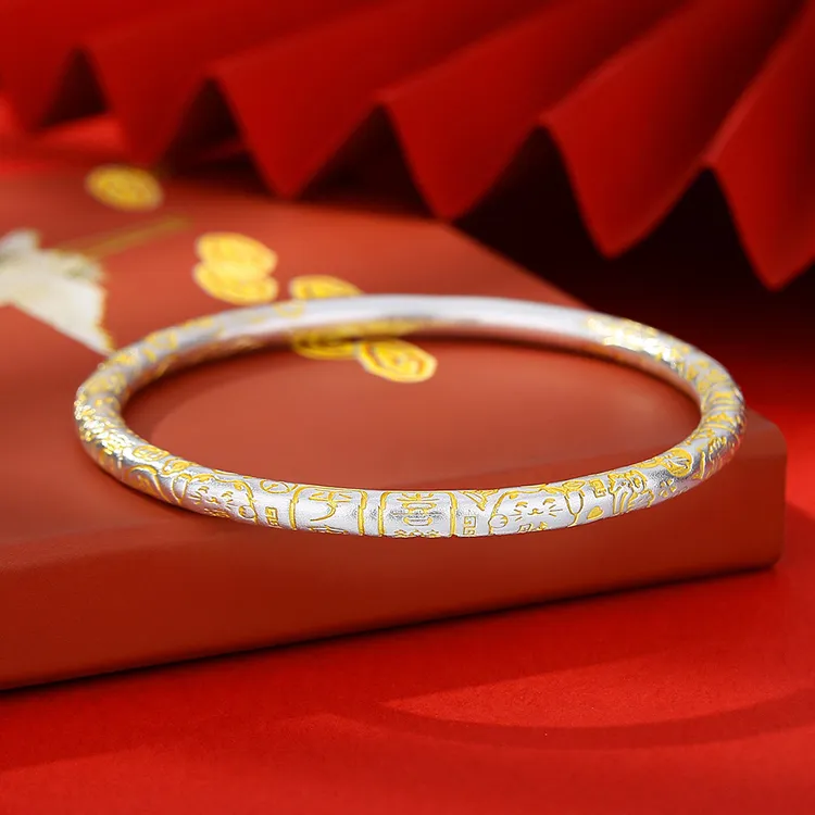 心草 足银手镯 女国风描金吉言招财猫999纯银镯子送女友生日礼物