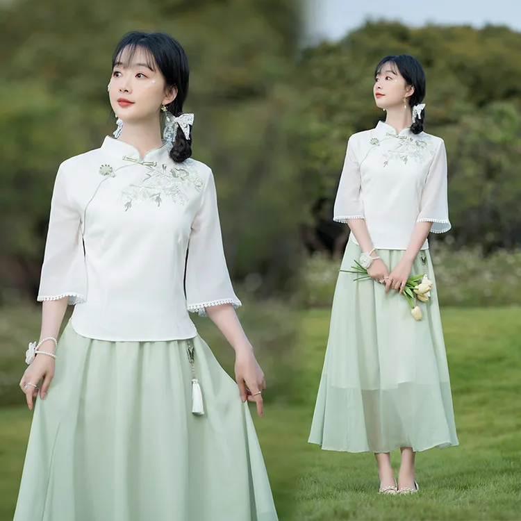 民国风少女汉服中国风改良旗袍麻棉刺绣花唐装采耳禅意茶服