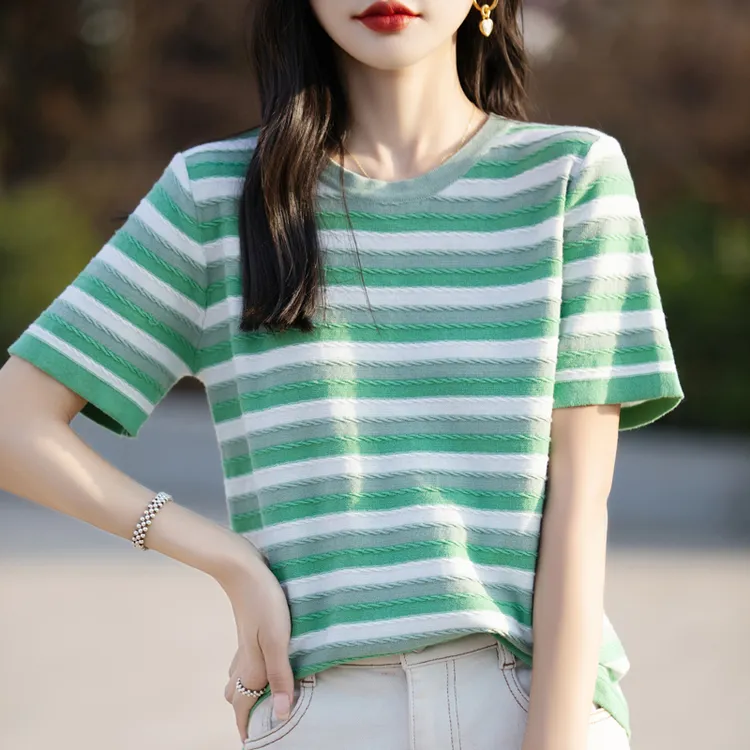 夏季新款女100%纯棉针织短袖圆领拼色条纹宽松舒适大码打底衫