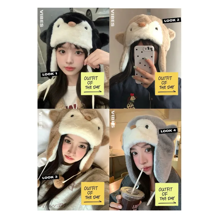 可爱企鹅毛绒帽子女冬季毛茸茸防寒保暖护耳套头帽骑车滑雪帽冬天