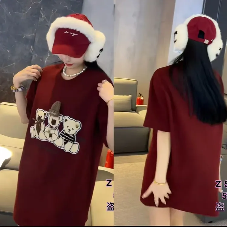 时尚立体卡通印花中长款T恤宽松显瘦洋气女装减龄加厚圆领韩版