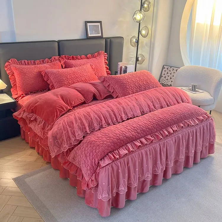 高档宝宝绒蕾丝床裙四件套冬季加绒双面绒保暖被套婴儿绒被罩床单