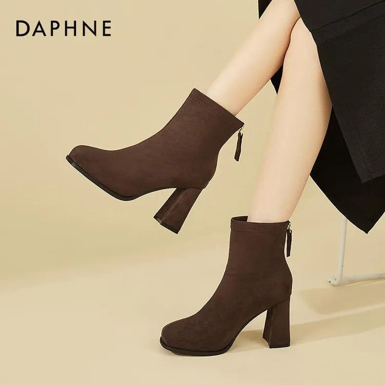 达芙妮短靴女2024秋冬百搭靴子女法式裸靴粗跟高跟马丁靴女鞋靴子