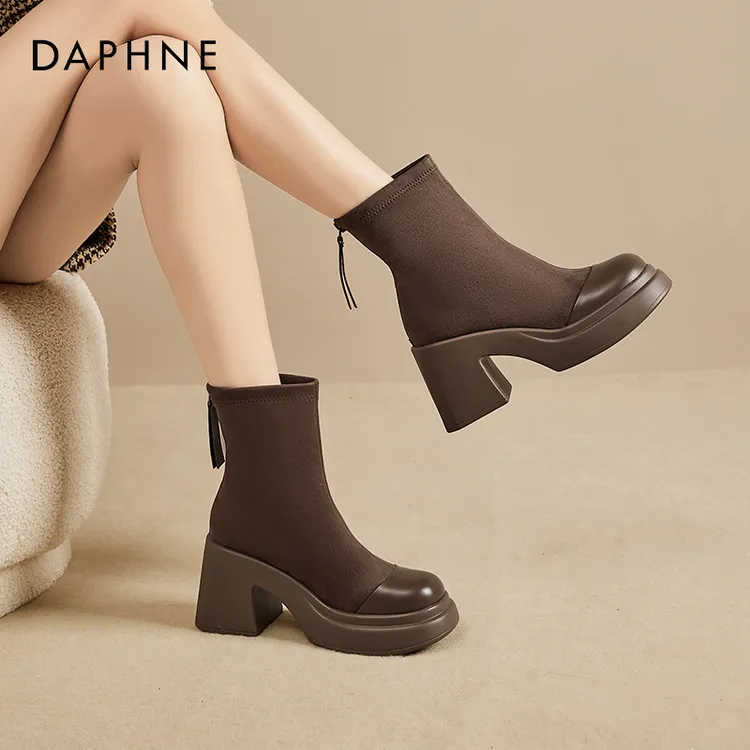 达芙妮厚底马丁靴女款2026新款靴子袜靴女短靴冬季加绒女鞋高跟鞋