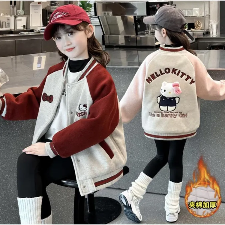 女童加厚过冬外套2025秋冬新款韩版卡通夹棉加绒猫咪棒球服外套潮