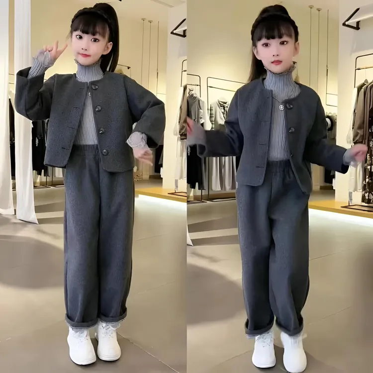 女童秋冬季套装2025新款儿童中大童洋气网红加厚毛呢秋冬装两件套