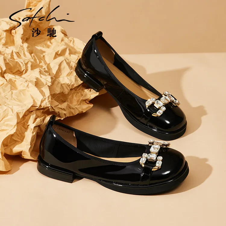 沙驰女鞋舒适平底鞋甜美女生大头鞋浅口圆头透气单鞋女