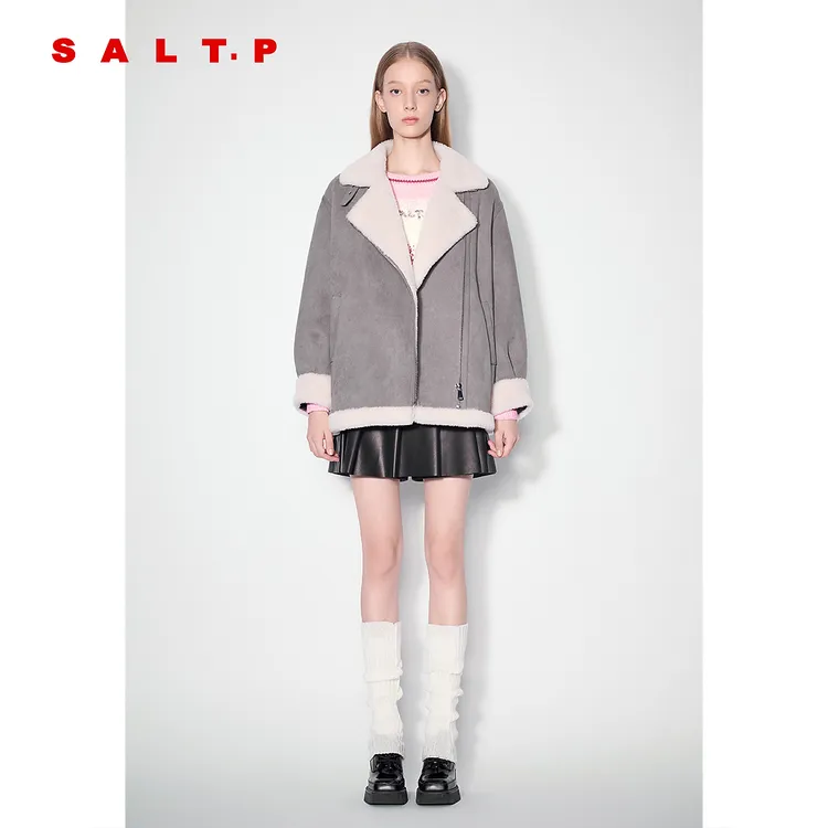 SALT.P可颜100%羊羔毛内胆拼接立翻领绑带毛呢外套冬