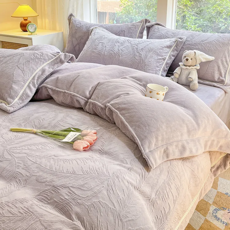 富安娜新款加厚保暖雕花绒牛奶绒四件套短毛宝宝绒珊瑚绒床单床笠