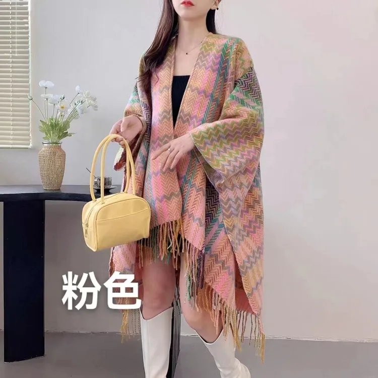 2025新款带袖子袖口披肩欧美春秋冬季旅游民族风流苏开叉披肩外搭