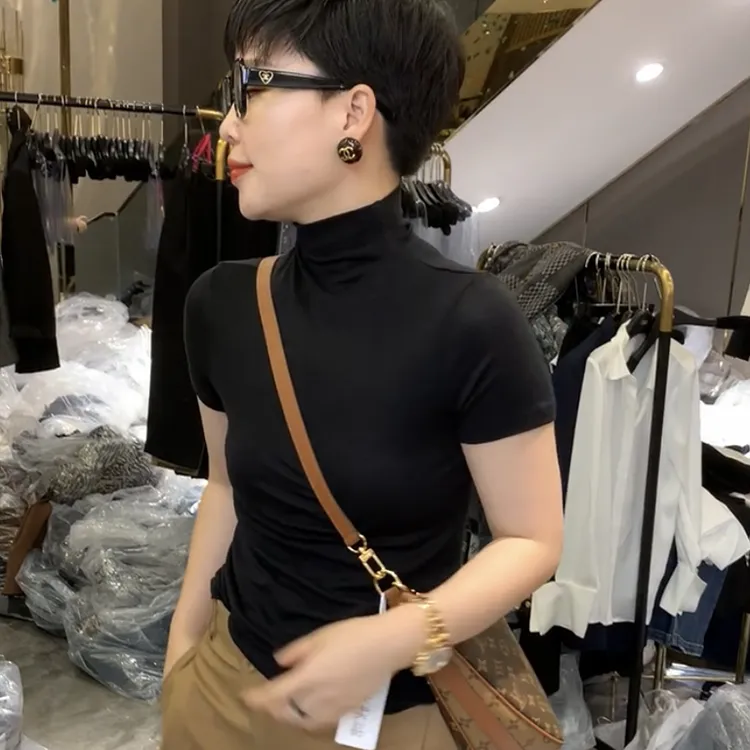 欧洲站2023春季新款欧货高品质高领显气质弹力修身纯色短袖打底衫