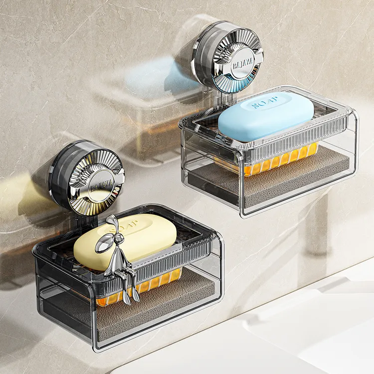 【佳立方】吸盘肥皂盒免打孔壁挂式高档透明双层起泡海绵沥水香皂盒