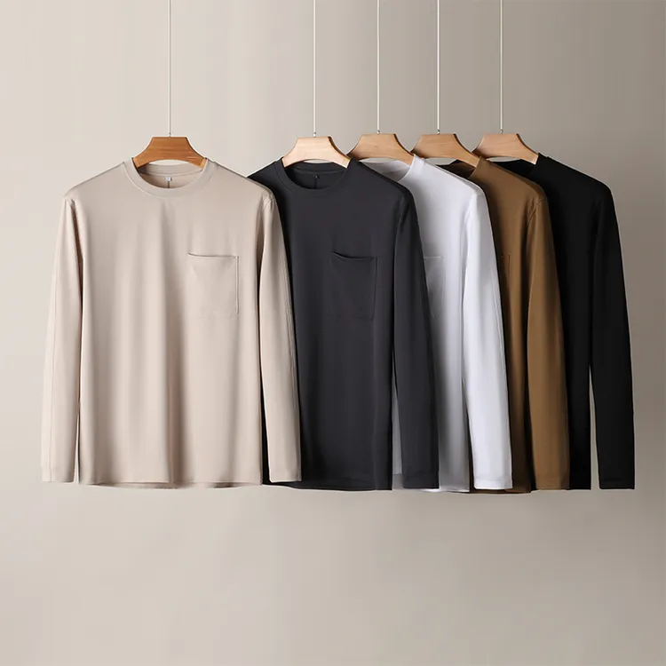 莫代尔棉长袖t恤男士春秋款圆领薄款纯色休闲简约打底衫品质男装