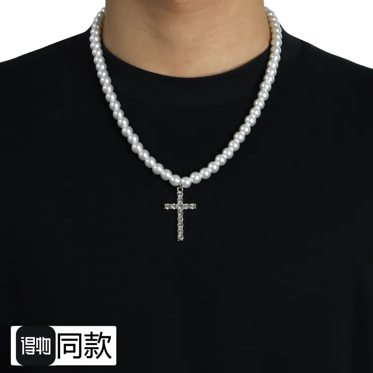 钛钢项链 珍珠十字架项链男女国潮嘻哈锆石吊坠小众轻奢锁骨链女