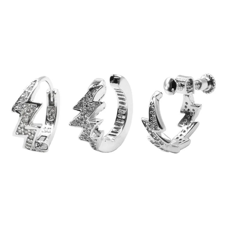 合金耳饰 满钻闪电耳钉男女欧美嘻哈镶钻锆石耳夹hiphop个性耳饰