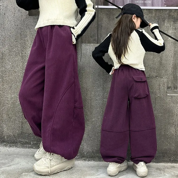 女童灯笼裤秋冬加绒中大童韩版加厚灯芯绒裤子儿童冬季百搭老爹裤