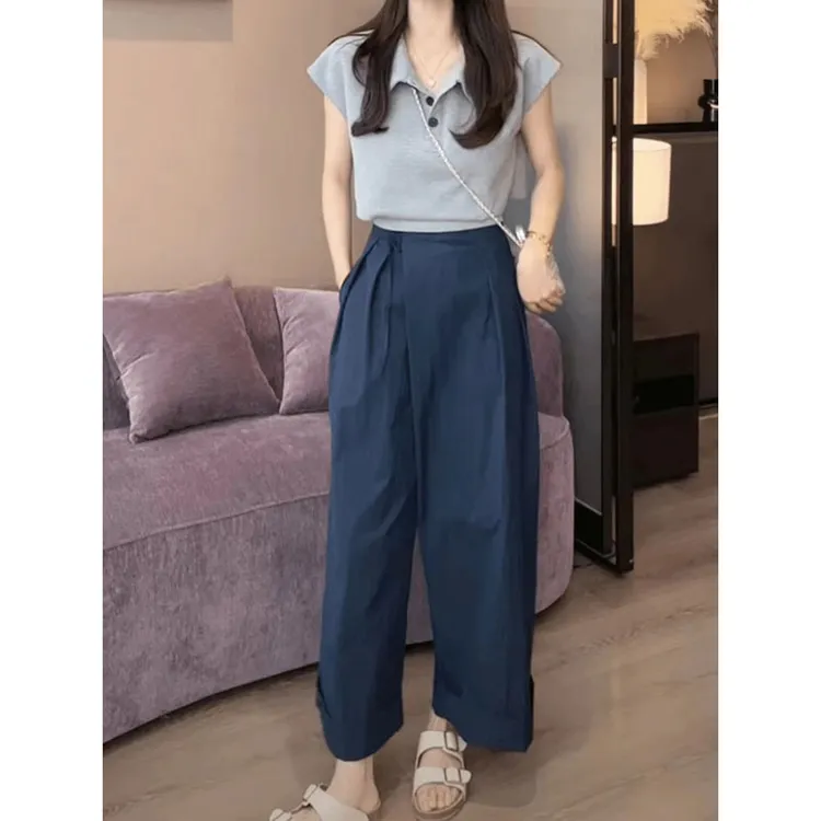夏天小个子休闲阔腿裤女夏季2024新款设计感时尚系带直筒裤子