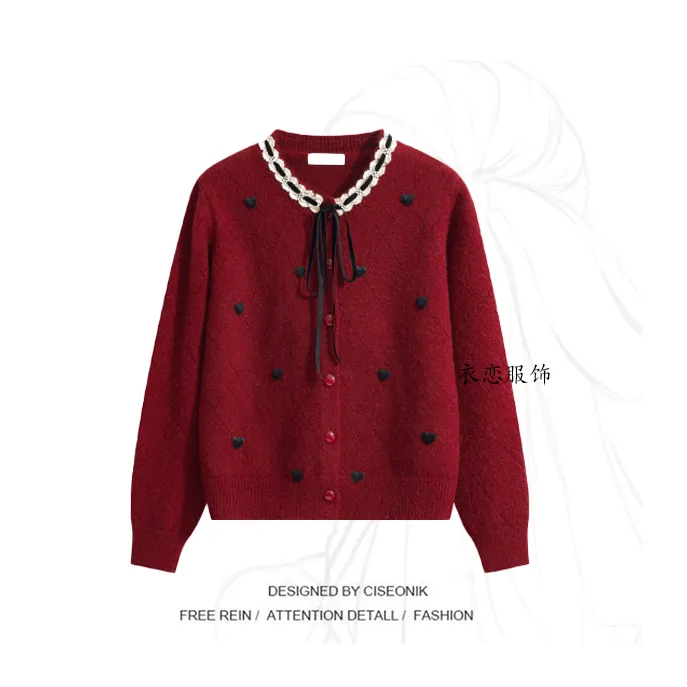 蕾丝花边领蝴蝶结针织开衫外套女秋冬2025时尚圣诞氛围感红色毛衣