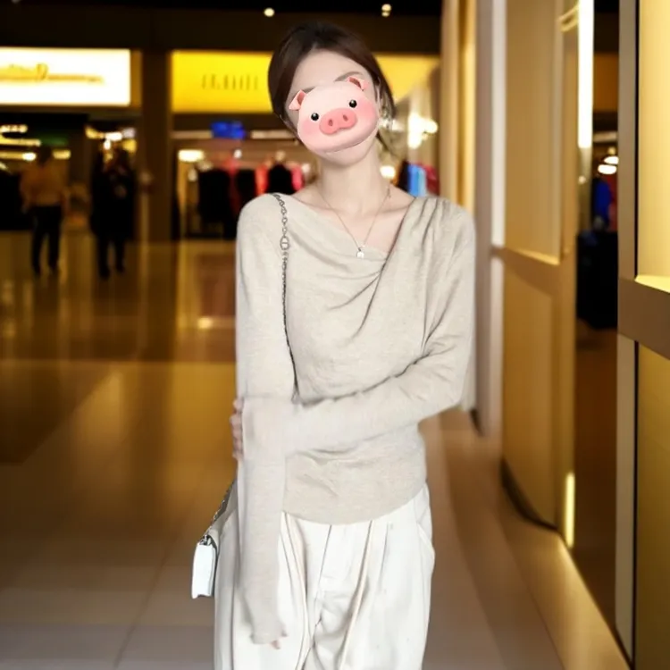 2025初早春新款修身法式不规则荡领扭结针织衫女气质内搭褶皱上衣