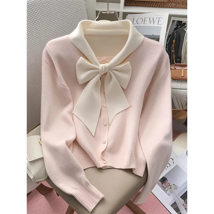 秋冬独特别致粉色蝴蝶结针织开衫女外套设计感小众超好看长袖上衣