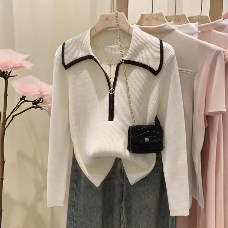洋气设计感半拉链毛衣针织衫女装秋冬2025新款修身显瘦长袖打底衫
