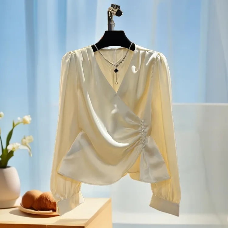 高档时尚轻奢v领长袖衬衫2025秋装新款洋气收腰显瘦休闲百搭衬衣