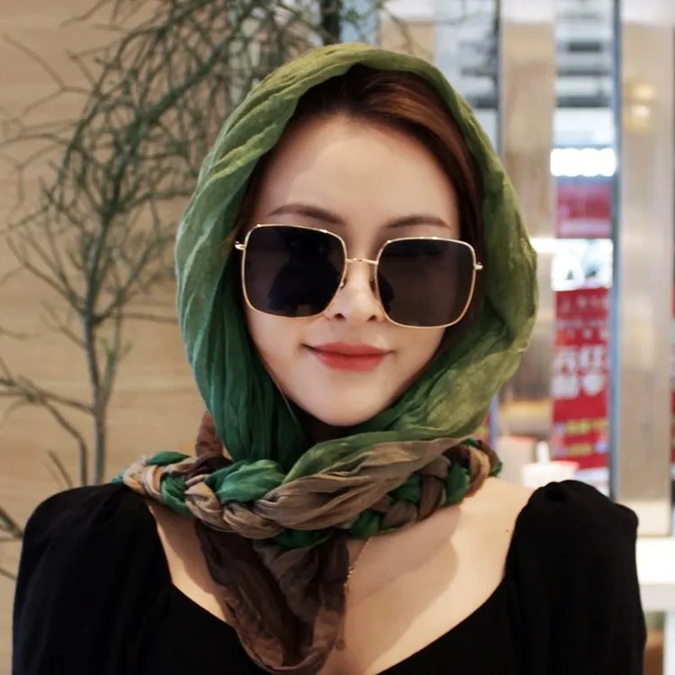 女士纱巾薄纱小众韩系褶皱辫子围巾脖渐变色高颜值两用辫子帽