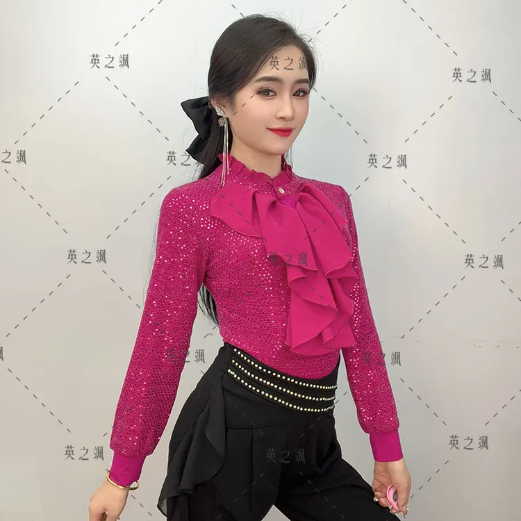 【英之飒】花边亮片长袖连体显瘦长袖舞服跳舞气质时尚拉丁舞2213