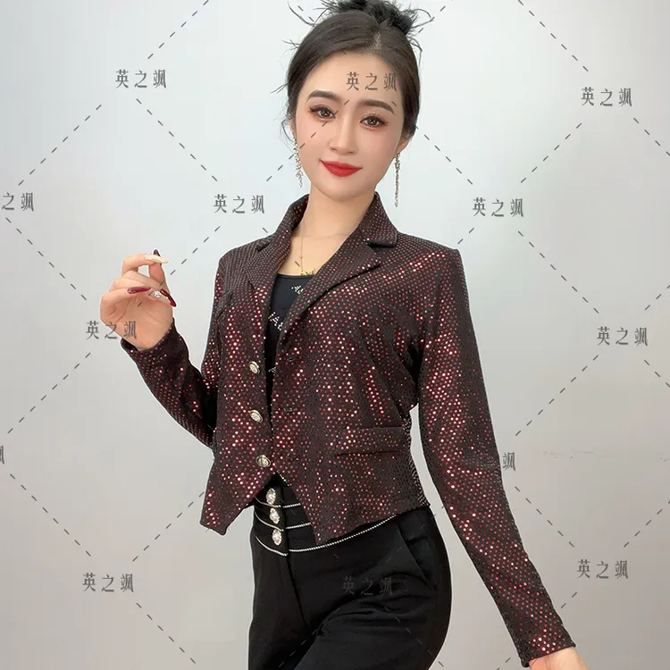 【英之飒】气质百搭修身舞服亮片长袖西服广场舞蹈水兵舞吉特巴2221