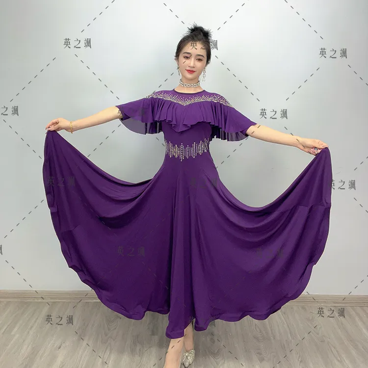 【英之飒】2200荷叶烫钻连衣裙广场舞交谊舞国标点帕斯中长舞蹈裙