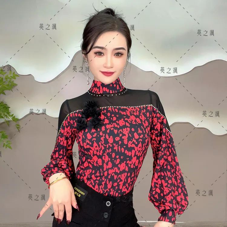 【英之飒】2167高领烫钻连体显瘦长袖舞服跳舞上衣气质时尚拉丁舞