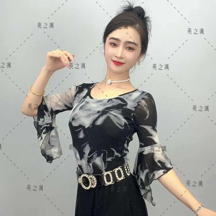 【英之飒】25009喇叭袖印花舞蹈衫夏季上衣气质广场舞水兵舞吉特巴