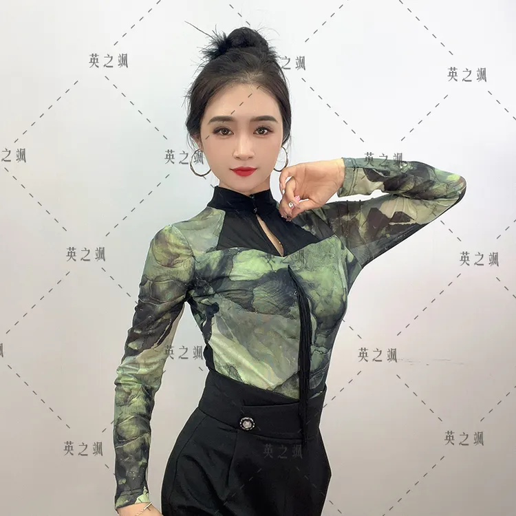 【英之飒】豹纹高领长袖连体显瘦长袖舞服跳舞时尚百搭打底衫2169