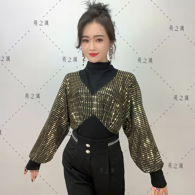 〖英之飒〗时尚百搭舞蹈服摩登舞蝙蝠袖高领上衣百搭2226