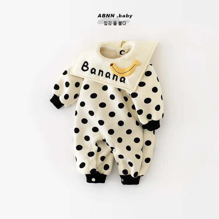 abnn宝宝秋冬连体衣新生儿加绒加厚男女圆点香蕉图案爬服婴儿冬装