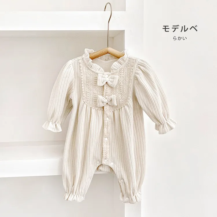 abnn春秋季新款婴幼儿米白蝴蝶结爬服宝宝衣服休闲连体衣外穿女宝