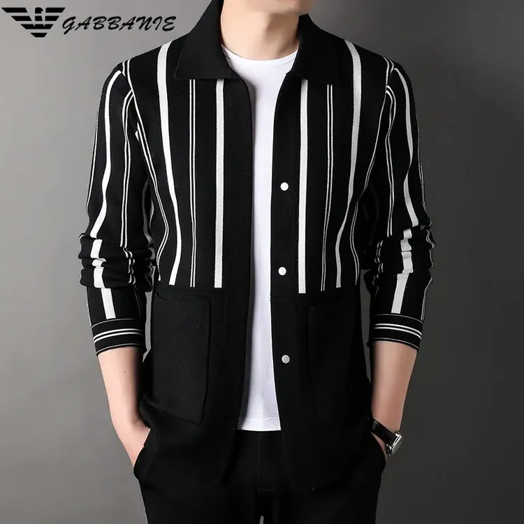 专柜正品春秋季男士长袖针织开衫中青年条纹翻领轻奢潮流条纹外套