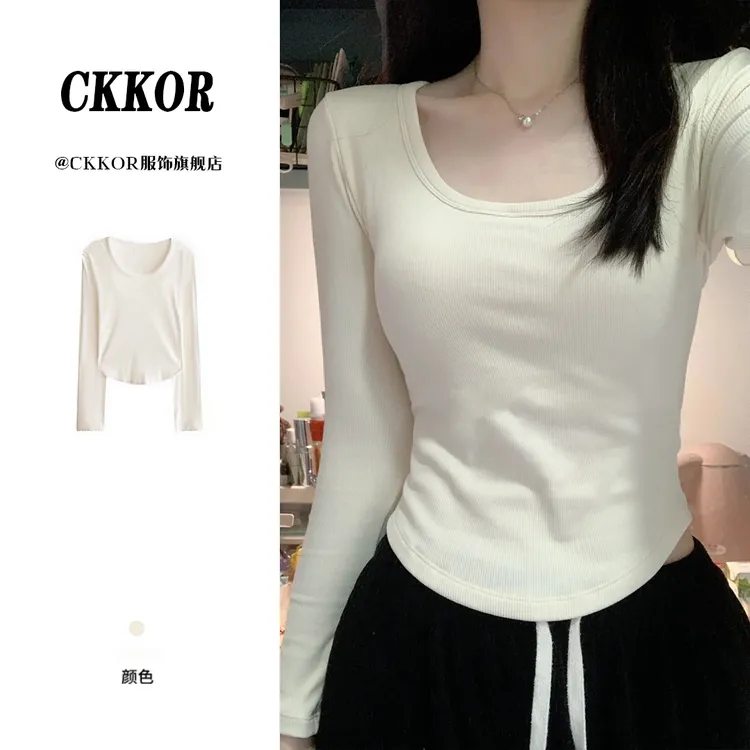 CKKOR德绒方领长袖t恤女春秋内搭短款打底衫辣妹修身显瘦短款上衣