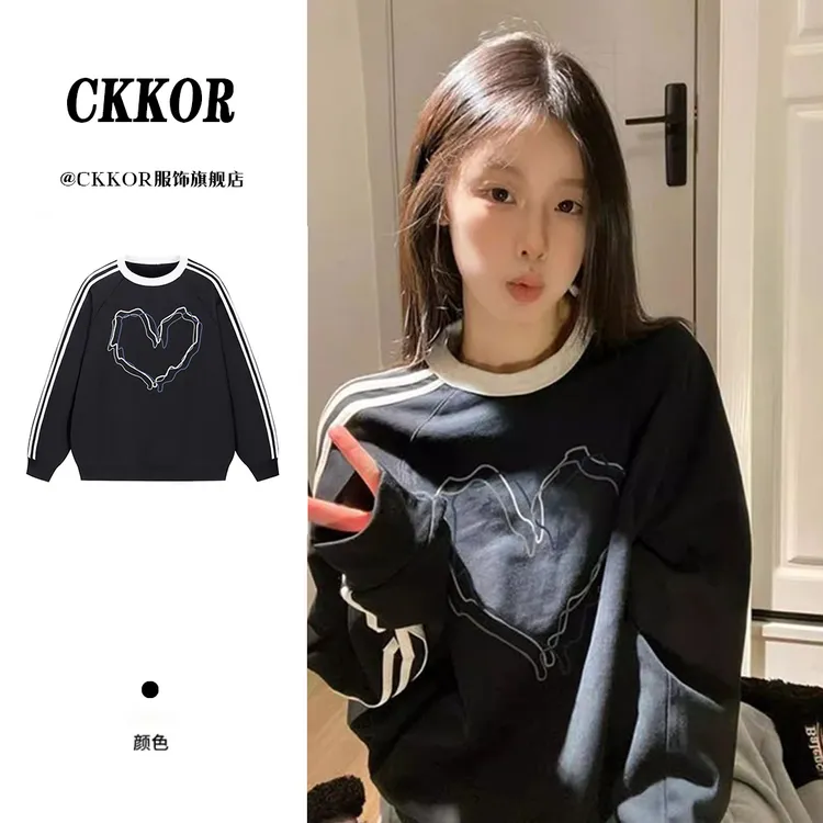 CKKOR美式潮牌印花三杠圆领卫衣女春秋加绒加厚ins宽松慵懒风上衣