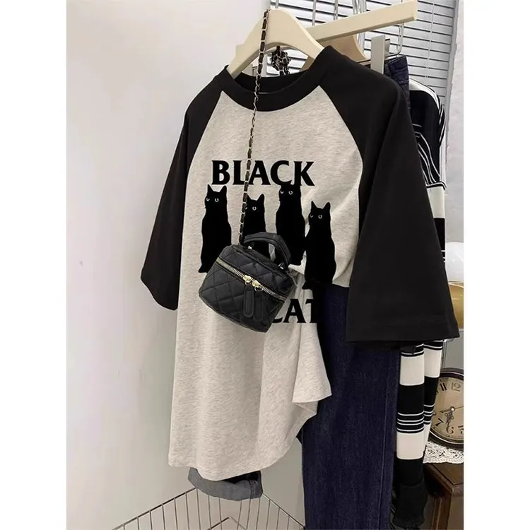 CKKOR美式纯棉短袖t恤女春夏季新款显瘦插肩撞色卡通字母印花上衣