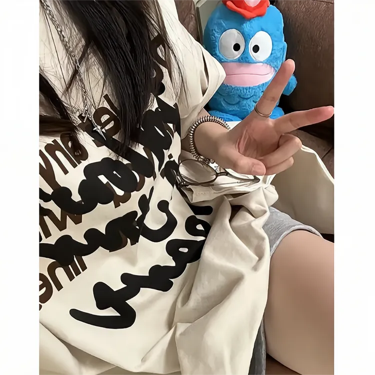 【纯棉短袖】奶杏黑色字母印花休闲百搭潮牌潮牌夏季新款宽松上衣