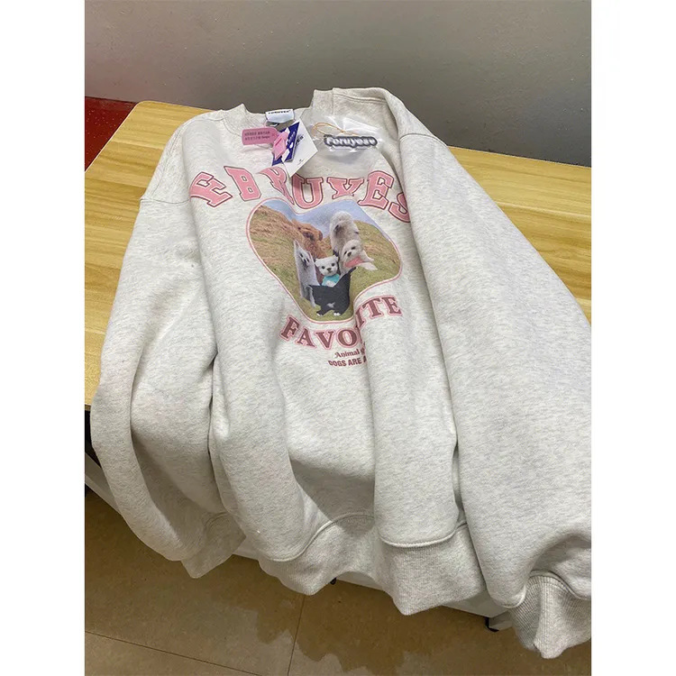 复古卡通圆领美式卫衣加绒加厚女款春秋季宽松慵懒风卫衣小众百搭