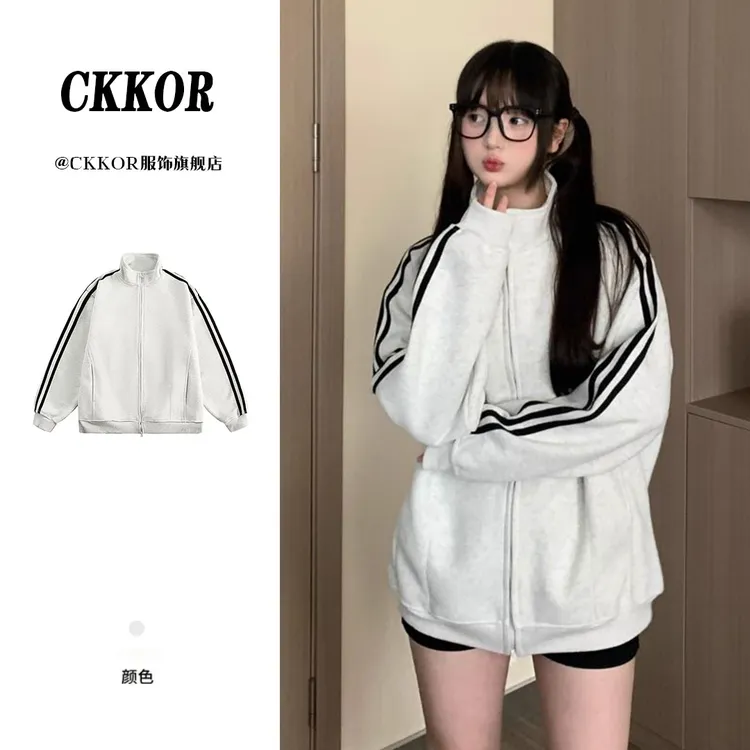 CKKOR新款春秋潮牌开衫卫衣女三条杠设计感百搭ins风宽松显瘦外套