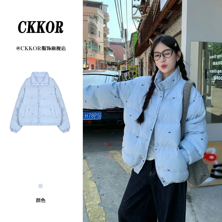 CKKOR冬季新款加厚保暖立领韩版棉衣蓝色条纹蝴蝶结女款棉服外套 