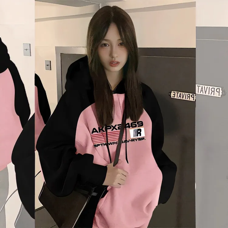 CKKOR美式黑粉插肩袖连帽衫卫衣女oversize宽松设计感小众上衣女