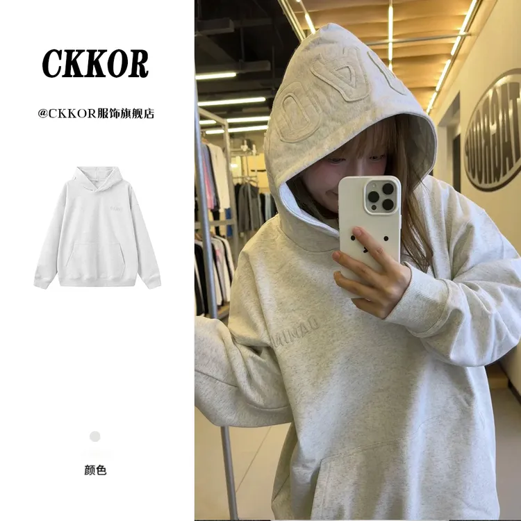 CKKOR美式慵懒风加绒连帽卫衣女秋冬新款ins时尚贴布刺绣长袖上衣