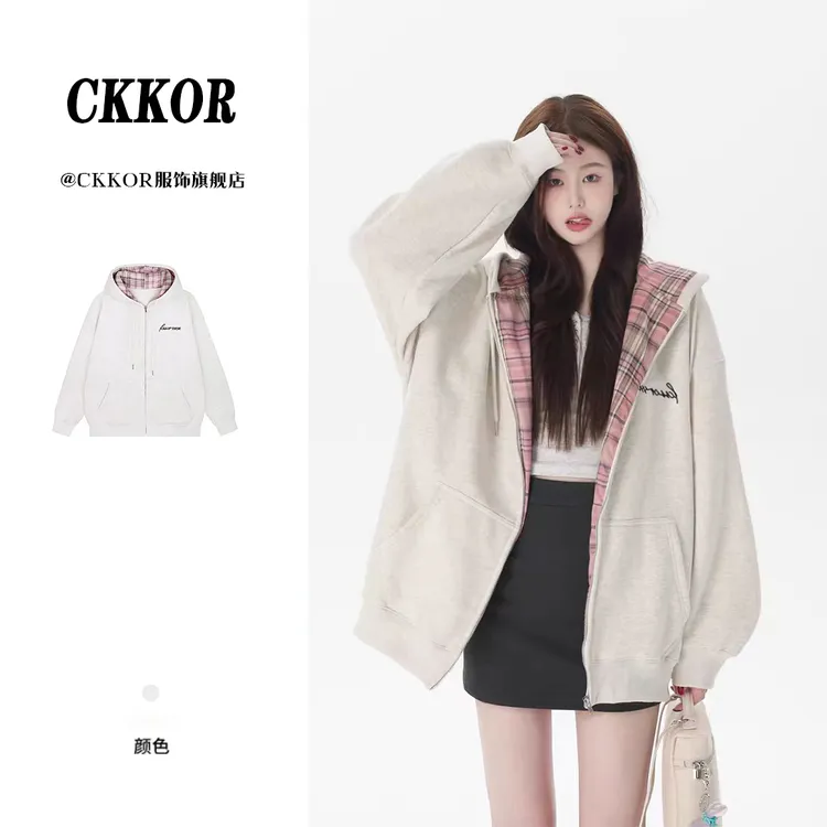 CKKOR早秋新款美式格子连帽拉链开衫卫衣外套休闲宽松慵懒上衣女 